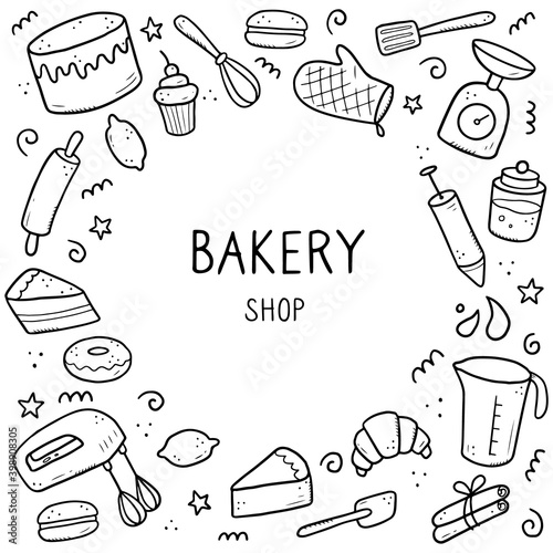 Hand drawn set of baking and cooking tools, mixer, cake, spoon, cupcake, scale. Doodle sketch style. Illustration for frame, banner, bakery site design.