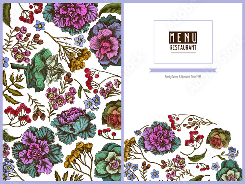 Menu cover floral design with colored wax flower, forget me not flower, tansy, ardisia, brassica, decorative cabbage