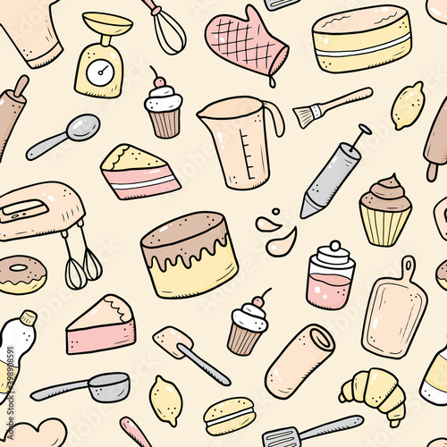 Hand drawn seamless pattern of baking and cooking tools, mixer, cake, spoon, cupcake, scale. Doodle sketch style. Illustration for textile, background, wallpaper design.