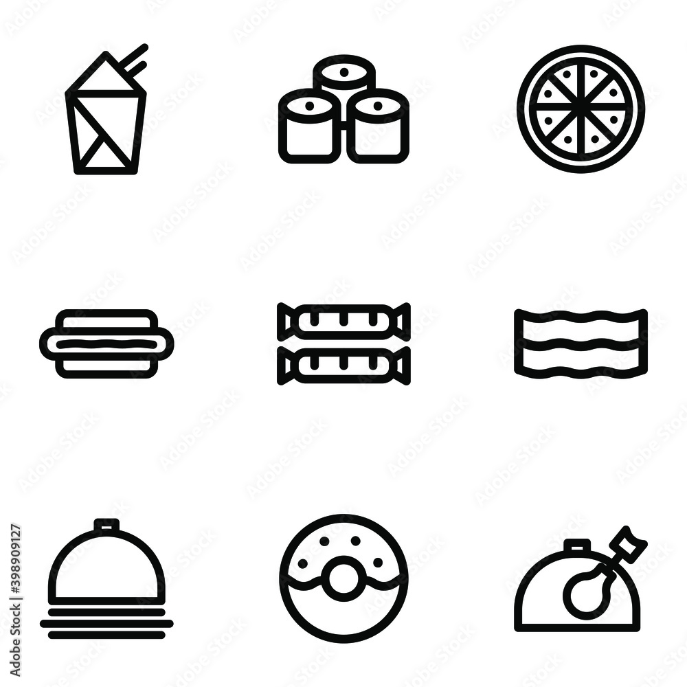 Obraz premium Big set, collection of fast food related, junk food, potato guy icons, outline and thin line icons on white background EPS Vector