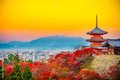 Kyoto at sunrise seen from Kiyommizu dera, Japan photo