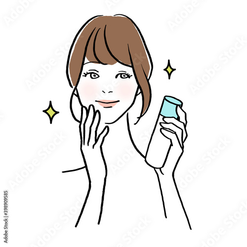化粧水、乳液で肌ケアをする女性のイラスト