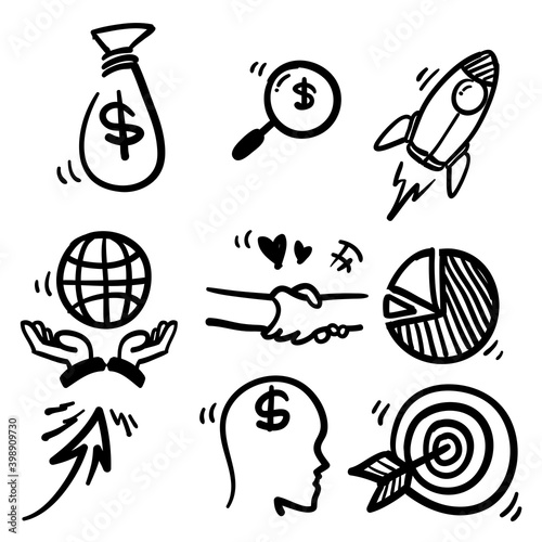 hand drawn doodle illustration related with business start up in cartoon style icon