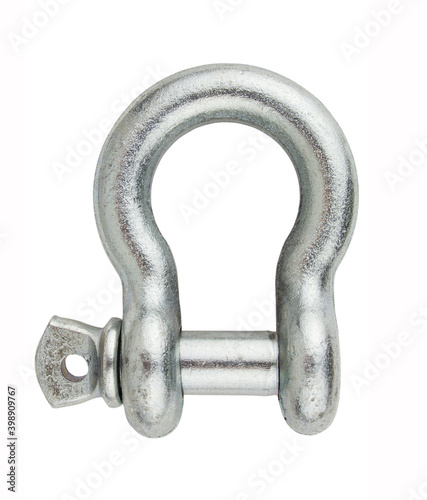 Steel metal rigging shackle isolated on white background. Professional rigging gear. photo