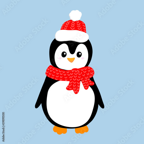 Cute penguin in knitted red scarf and cap in cartoon style. Isolated on blue background. Vector © Ira
