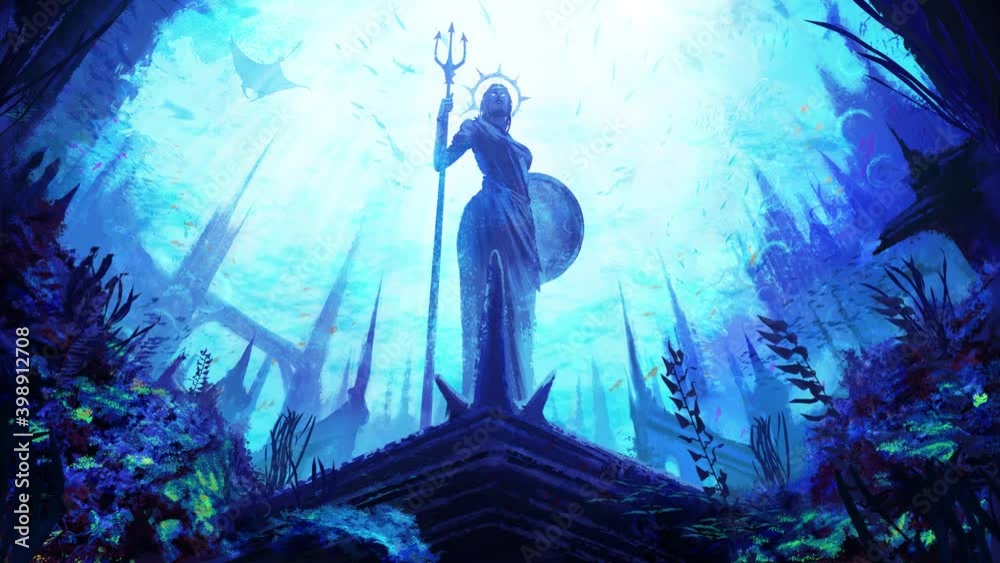 A statue of the Greek goddess with a shield and a trident, stands in an underwater city surrounded by fish and corals, against the background of the water kingdom is painted. Looped video