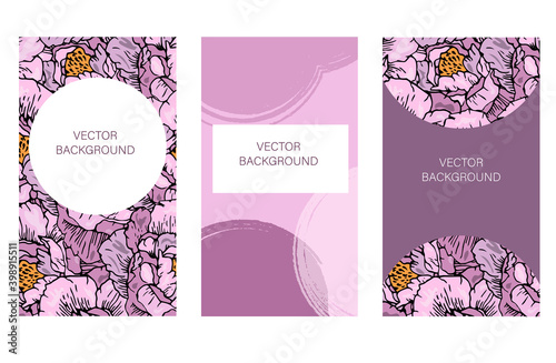 Template for social media, stories in a romantic style, floral and abstract vector backgrounds with peonies