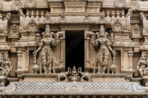 Sri Shakti Devasthanam Temple in Selangor, Malaysia. It is one of the most beautiful hindu temples in Malaysia. Details of the hindu sculptures on the facade.