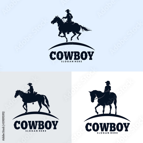 Set of Cowboy Riding Horse Silhouette Logo Design