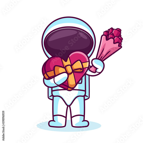 cute astronaut holding valentine present and flower bucket