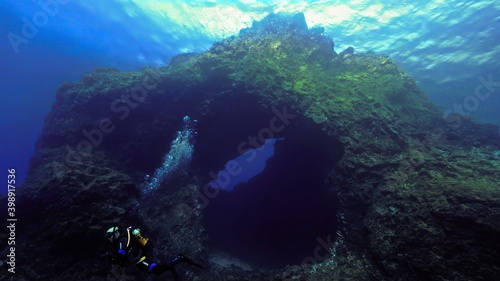 Underwater photo of beautiful mountain in the sea. From a scuba dive in the Atlantic ocean.