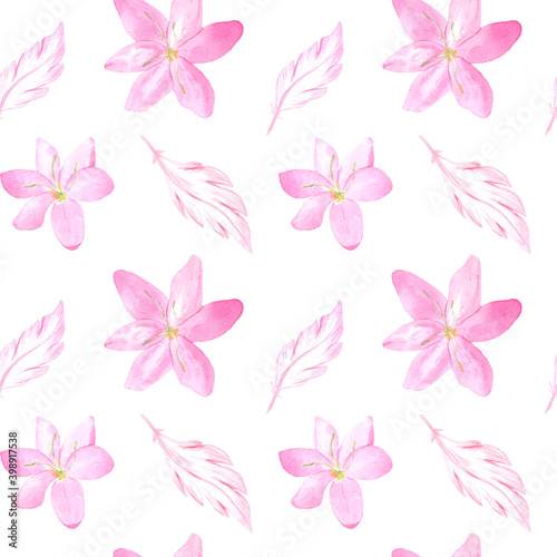 Watercolor beautiful pattern with flowers and bird feathers. Perfect for printing  textile  web design  photo albums  scrapbooking and other souvenir products.