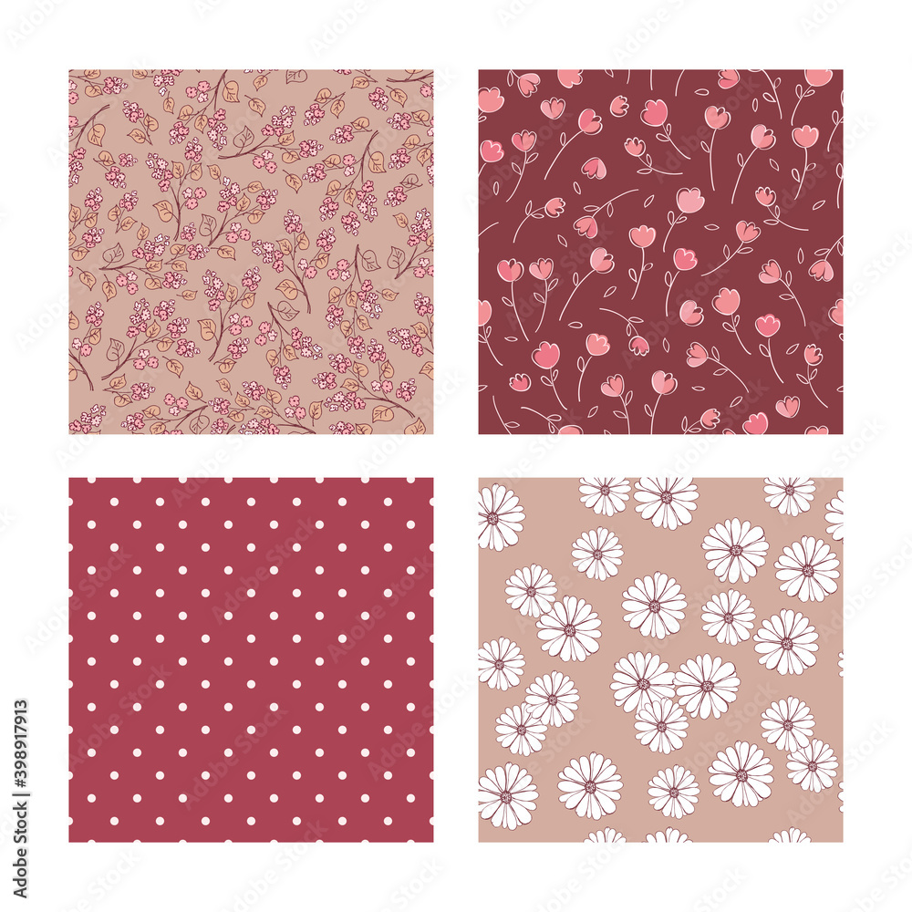 Set of seamless pretty patterns with flowers and leaves. Brown floral background for textile, fabric manufacturing, wallpaper, covers, surface, print, gift wrap, scrapbooking. Vector.