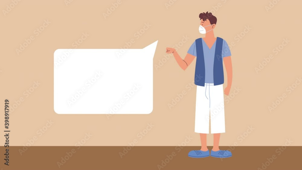 man wearing medical mask character with speech bubble man wearing medical mask character with speech bubble