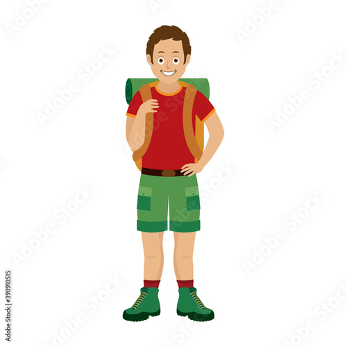 Traveler man with travel bag icon vector. Young man with backpack vector. Boy wearing hiking boots and shorts vector. Traveler man icon isolated on a white bacground