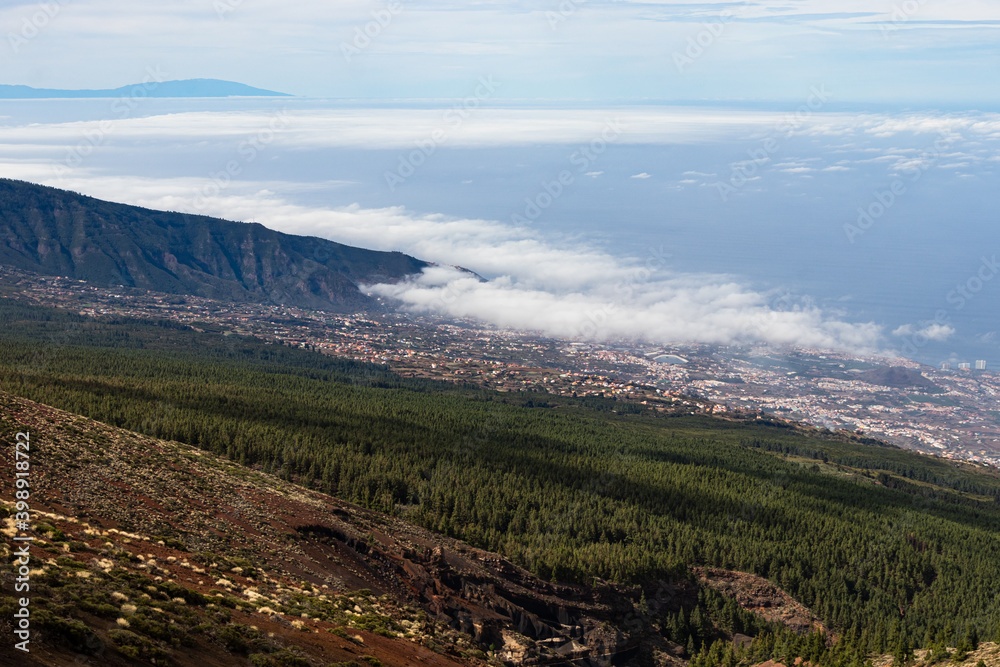 Aerial view of Puerto de la cruz with clouds approaching, Tenerife