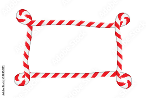 Candy cane border with swirl edges with copy space. Red and white striped frame for christmas design. Unique and unusual hand drawn xmas background. Creative vector template for simple christmas card.