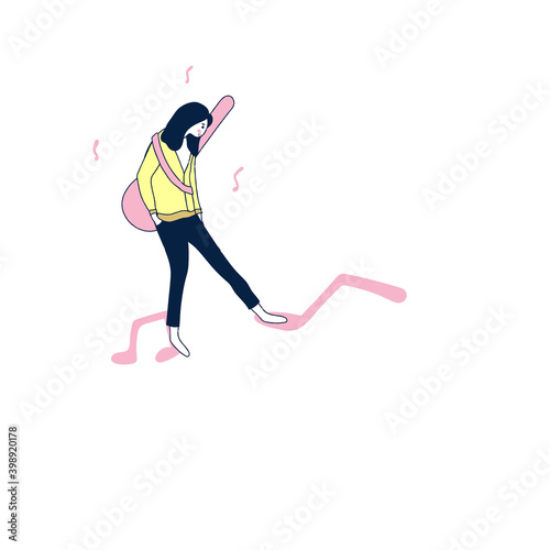 Young musician woman character carries a guitar and walks on the notes. Hand drawn cartoon with doodle line. Relaxing color concept and good feeling atmosphere