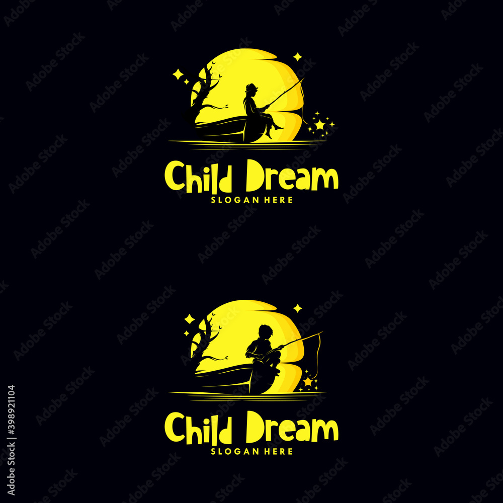 Set of kids fishing stars in the moon logo