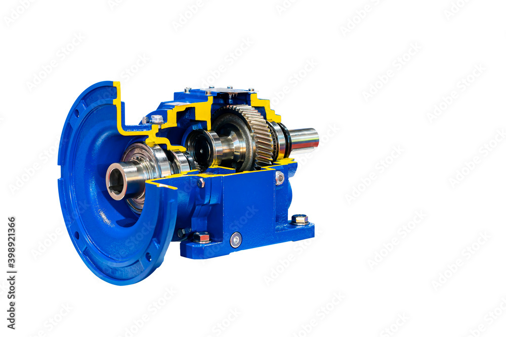 Cross section show detail cogs bearing and other inside of worm helical bevel gear or reduce gearbox for industrial isolated on white with clipping path Cross section show detail cogs bearing and other inside of worm helical bevel gear or reduce gearbox for industrial isolated on white with clipping path