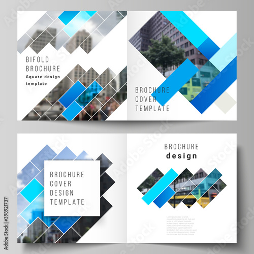 The vector illustration layout of two covers templates for square design bifold brochure, magazine, flyer, booklet. Abstract geometric pattern creative modern blue background with rectangles.