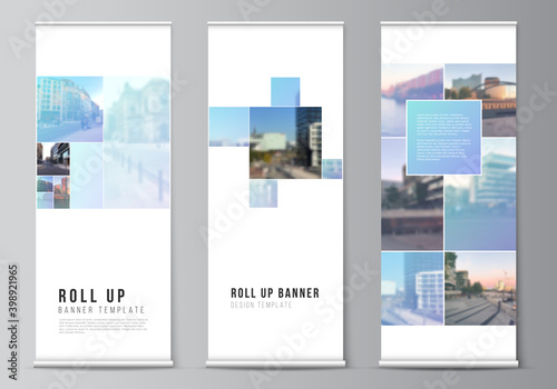 Vector layout of roll up mockup design templates for vertical flyers, flags design templates, banner stands, advertising mockups. Abstract design project in geometric style with blue squares.