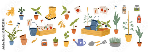 Set of garden items. Agriculture tools. Farm or planting equipment with plants, seeds, watering can, bucket, wooden box, seedling, pots, rubber boots and gloves. Flat cartoon vector illustratration.