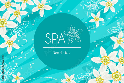 Fresh happy bright branding promotion spa template with white neroli orange flowers, azure cyan blue waterflow and bubbles on background photo