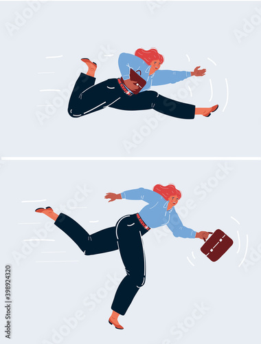 Vector illustration of woman run business competition. Two poses.