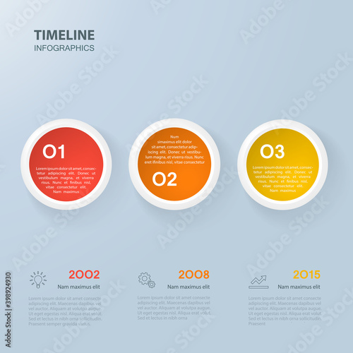 Infographics template with realistic colorful circles for 3 steps and icons. Can be used for workflow layout, diagram, number options, step up options, web design, infographics, presentations