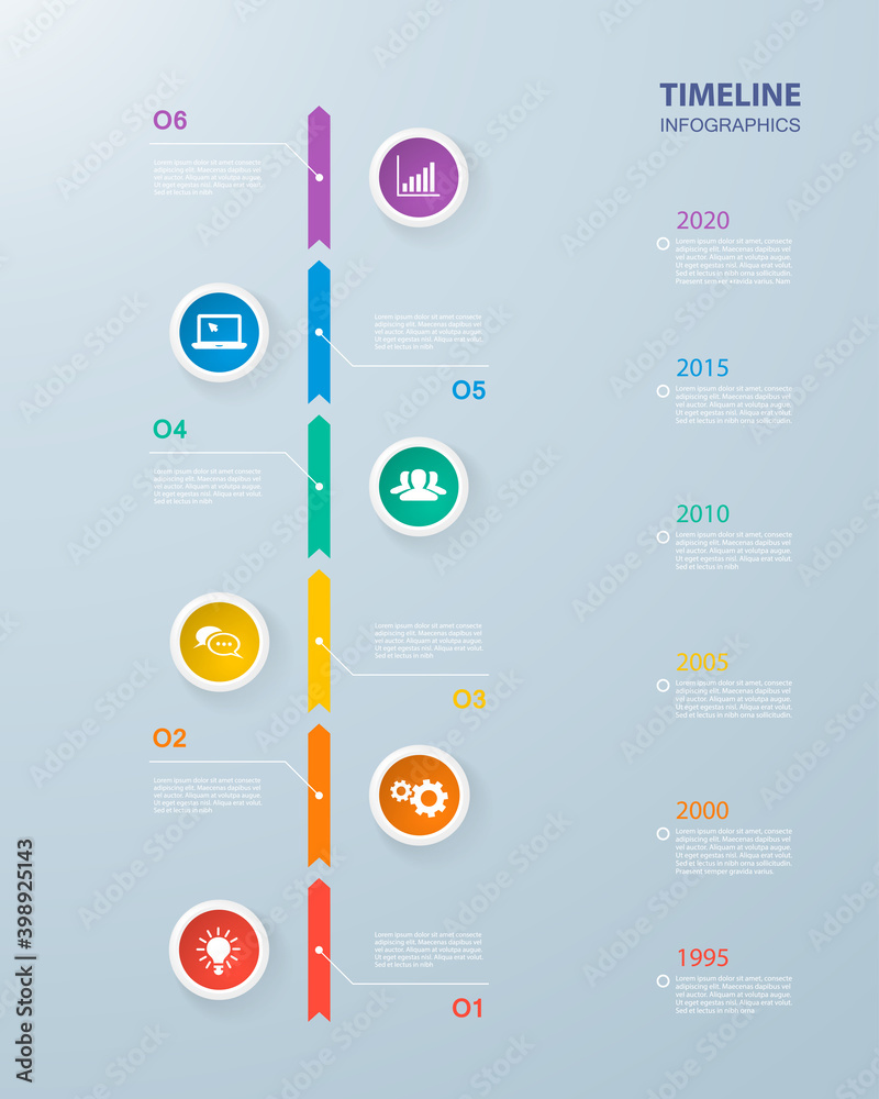 Infographics timeline template with realistic colorful circles for 6 ...