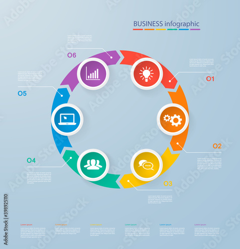 Infographics template with realistic colorful circles for 6 steps and icons. Can be used for workflow layout, diagram, number options, step up options, web design, infographics, presentations