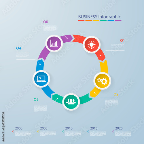 Infographics template with realistic colorful circles for 5 steps and icons. Can be used for workflow layout, diagram, number options, step up options, web design, infographics, presentations