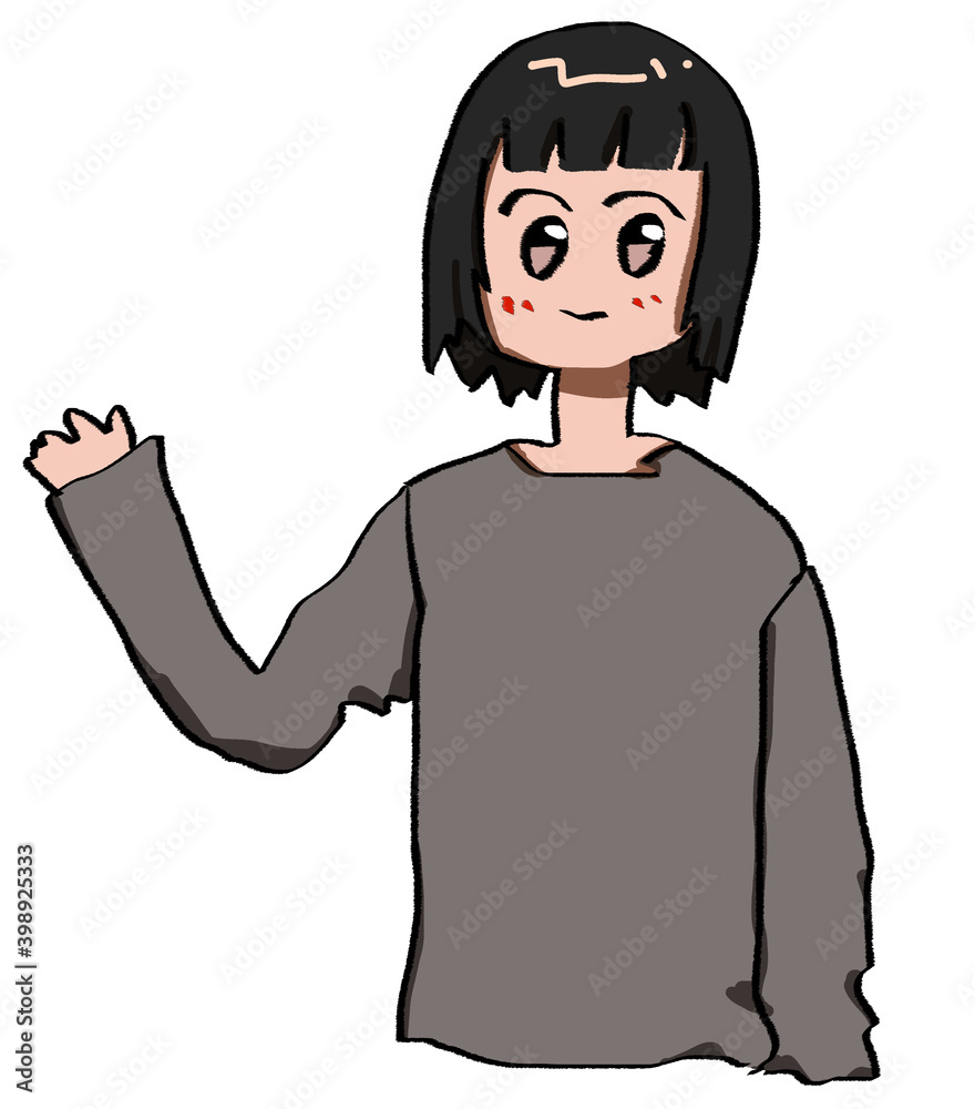 手を振る黒髪ショートヘアの女性 手を振る黒髪ショートヘアの女性