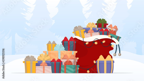 Christmas Santa gift bag full of gift boxes and gift bags. Beautiful present box with overwhelming bow. Vector.