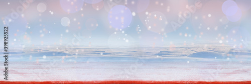 Εκτύπωση καμβά Light wooden snow-covered boards against the background of blurred snowdrifts with bokeh