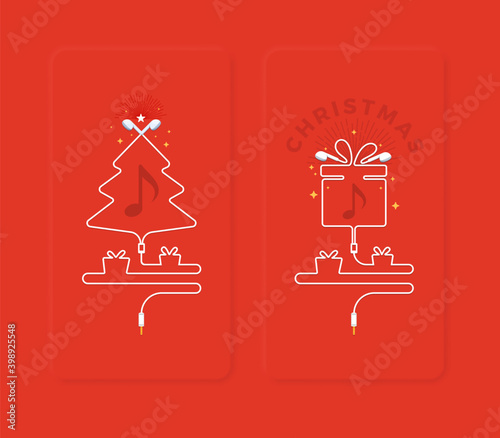 Shape of Christmas tree and a gift box from earphones. Vector Illustration