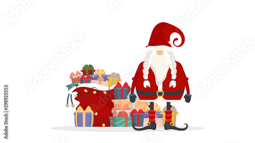 Santa Claus with a bag of gifts. A beautiful gift box with a stunning bow. Mountain gifts. Christmas gift box. Vector illustration of a retro Christmas card.
