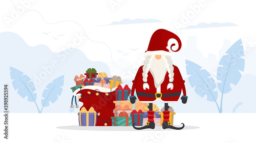 Santa Claus with a bag of gifts. A beautiful gift box with a stunning bow. Mountain gifts. Christmas gift box. Ready postcard. Vector.