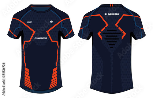 Sports t-shirt jersey design concept vector template, sports jersey concept with front and back view for Soccer, Cricket, Football, Volleyball, Rugby, tennis, badminton and e-sports uniform.