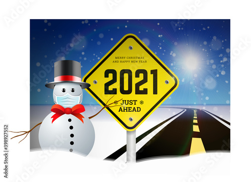 Happy New Year 2021 and Christmas greetings with road signs on the background of the road.  Vector illustration of snowy background with snowman
