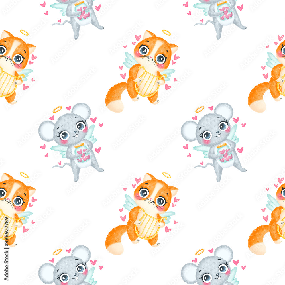 Valentine's day animals seamless pattern. Cute cartoon cat and mouse cupids seamless pattern.