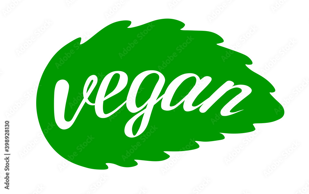 Vegan. Plant based vegeterian food product label. Green leaf-shaped stamp. Logo or icon. Diet. Sticker. Hand-drawn lettering Vegan. Plant based vegeterian food product label. Green leaf-shaped stamp. Logo or icon. Diet. Sticker. Hand-drawn lettering