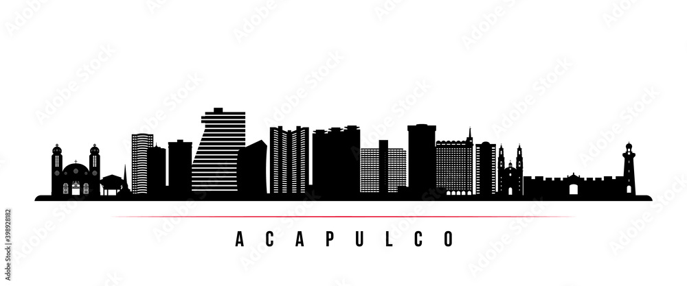 Acapulco skyline horizontal banner. Black and white silhouette of Acapulco City, Mexico. Vector template for your design.