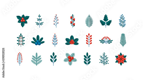 A big collection of Merry Christmas and Happy New year floral elements in a flat retro style. Suitable for creating postcards, banners and patterns. Vector illustration isolated on a white background