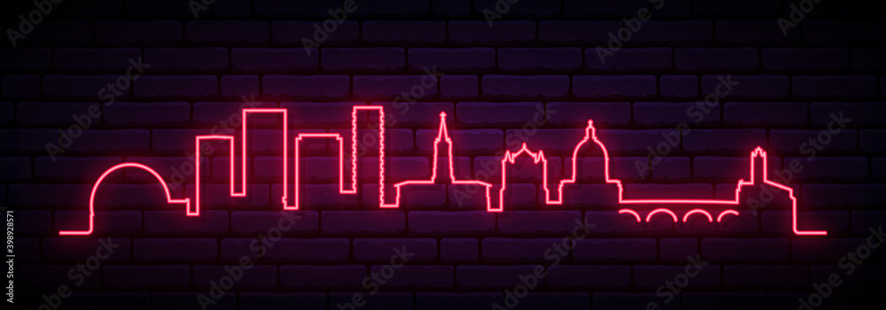 Obraz premium Red neon skyline of Toulouse. Bright Toulouse City long banner. Vector illustration.