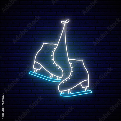 Skates neon sign. Ice rink emblem in neon style. Glowing blue skates icon. Vector illustration.