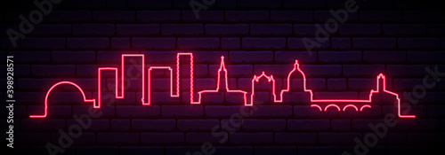Red neon skyline of Toulouse. Bright Toulouse City long banner. Vector illustration.