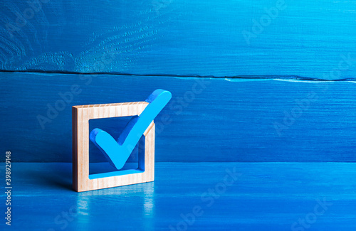Blue voting tick. Checkbox. Choice and guarantee concept. Democratic elections for parliament or president. Rights and freedoms. Voting lawmaking. Approval symbol, confirmation verification photo