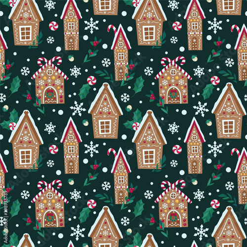 Seamless vector pattern with gingerbread houses and snowflakes.